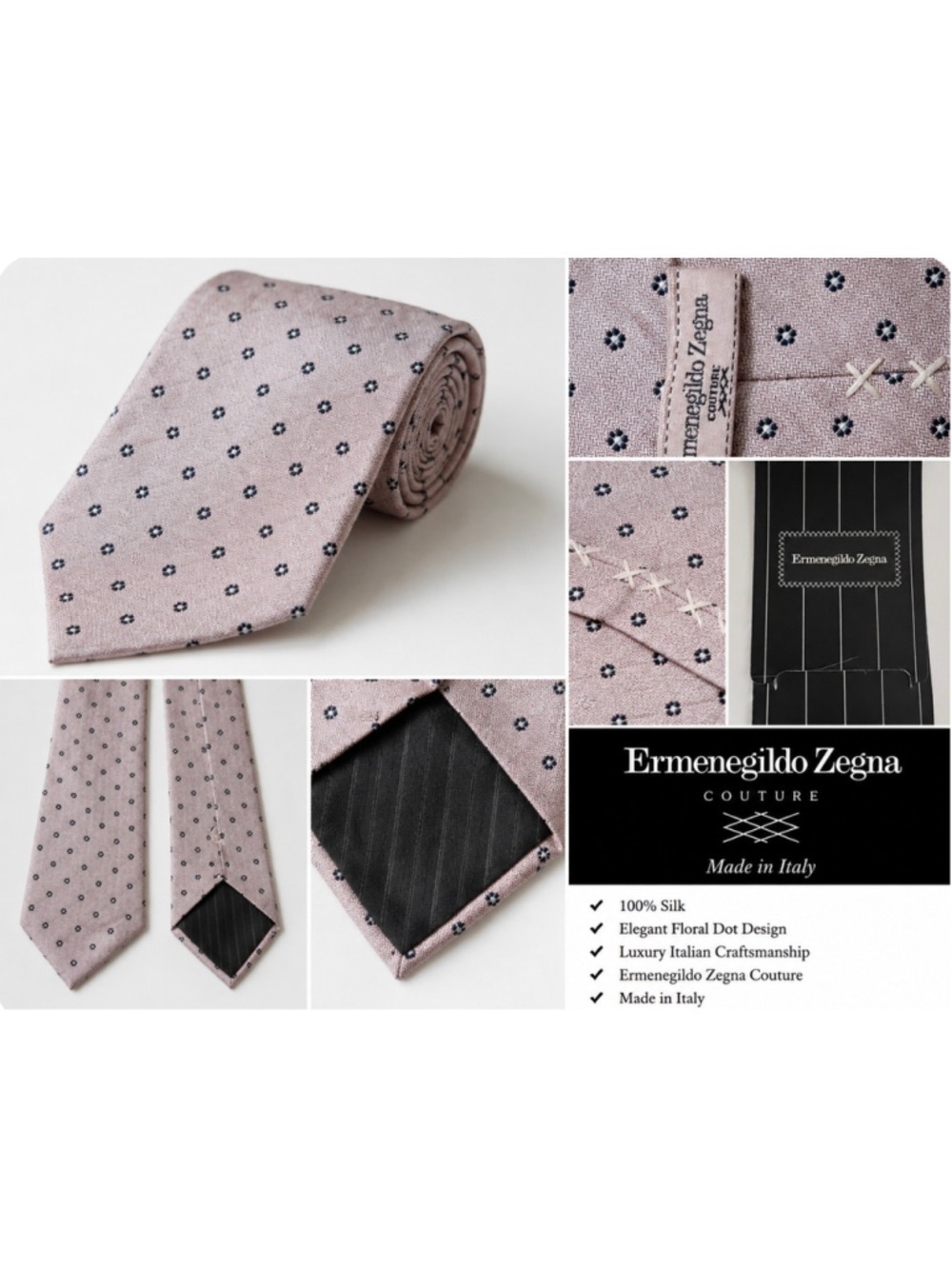 Men's Ermenegildo Zegna Couture Silk Tie,Pink and Black Floral New Italian Lux